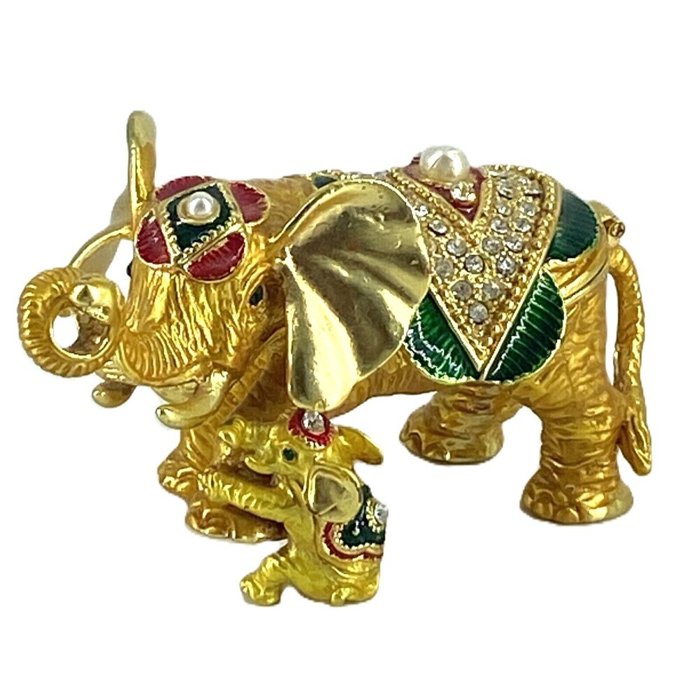 QIFU Mother Elephant w/Calf Jeweled & Enameled Trinket Box - Figurine